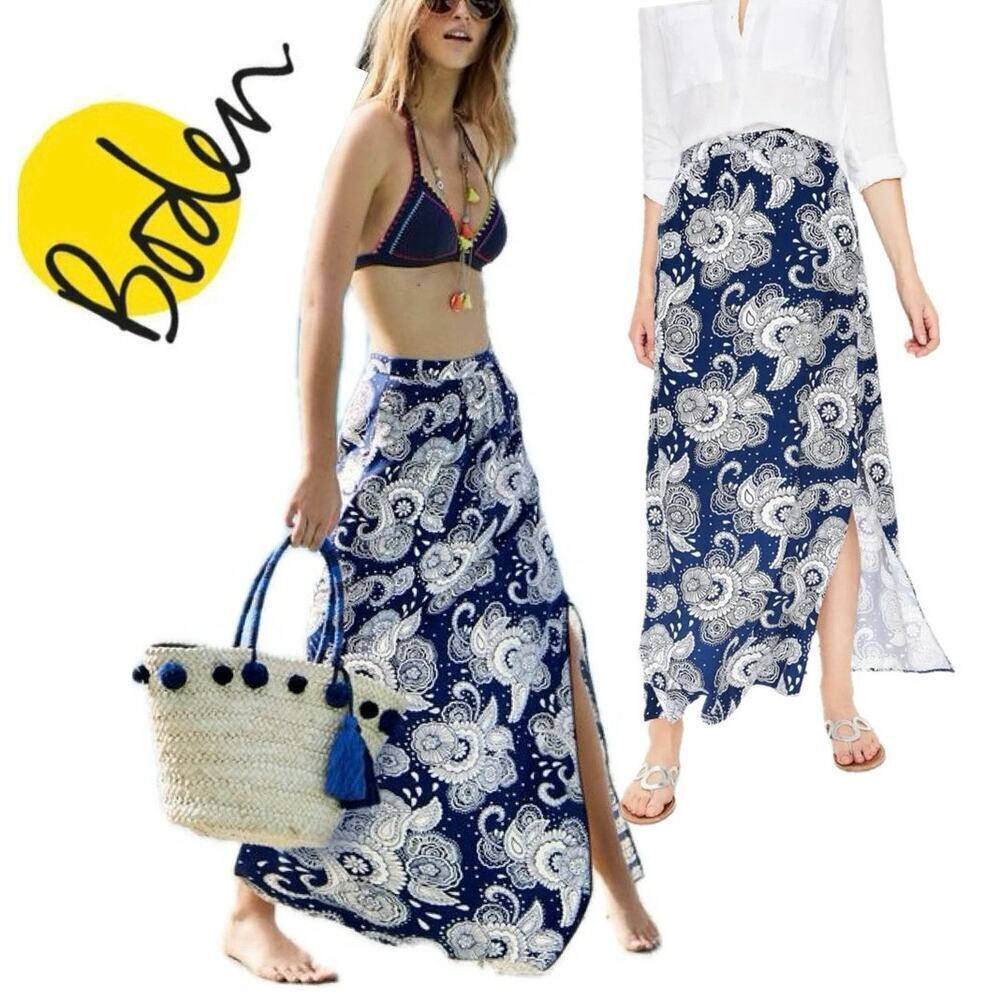 BODEN MAXI SKIRT JULLIETTE PLEATED BLUE WHITE PAISLEY SZ 4 COTTON SOPHISTICATED